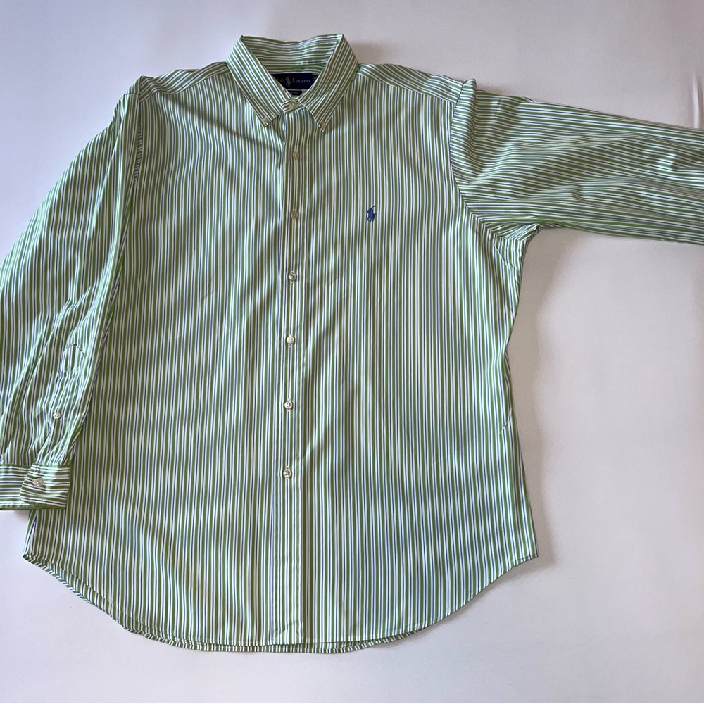 Polo Ralph Lauren Men’s 16 and 1/2 Green and White Stripe Dress Shirt